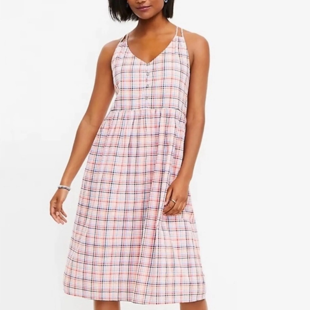 Loft Plaid Strappy Button Front Midi Dress- Whisper White Women's Size 14